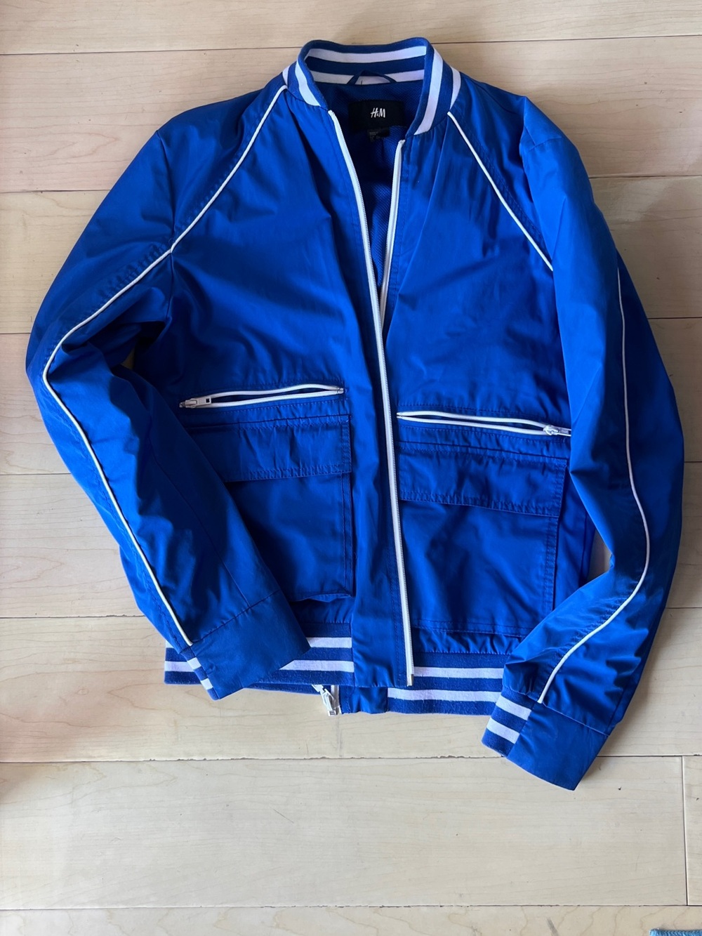 H&M Bright Blue Bomber Jacket with White Trim